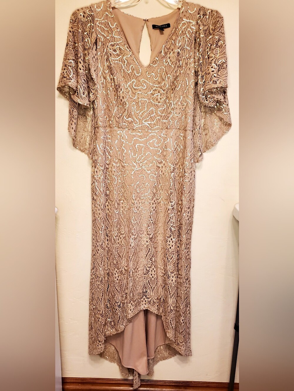 MARINA Sz 10 Champagne Lace High-Low Sequin Filigree Lace Dress w/Vintage Style